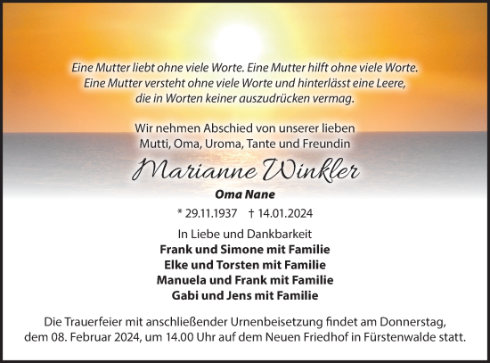 Traueranzeige von Marianne Winkler von Märkische Oderzeitung