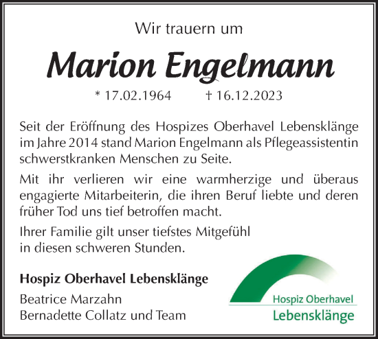 Traueranzeige von Marion Engelmann von Märkische Oderzeitung