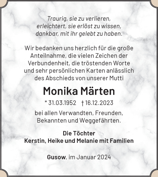 Traueranzeige von Monika Märten von Märkische Oderzeitung