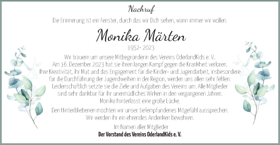 Traueranzeige von Monika Märten von Märkische Oderzeitung