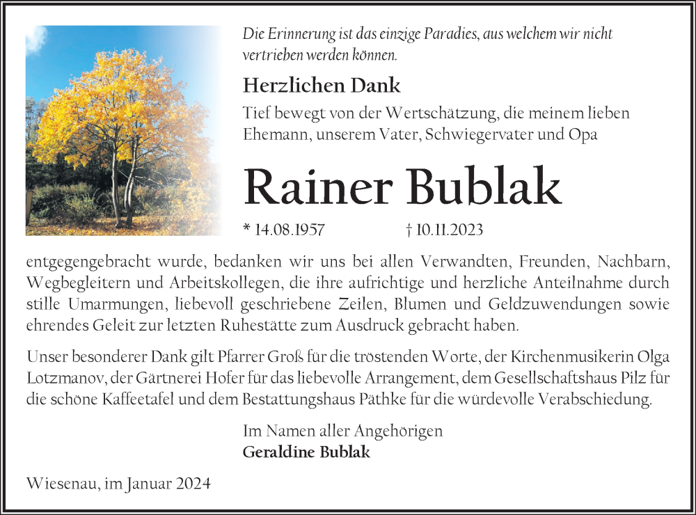  Traueranzeige für Rainer Bublak vom 13.01.2024 aus Märkische Oderzeitung