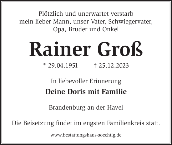 Traueranzeige von Rainer Groß von Märkische Oderzeitung