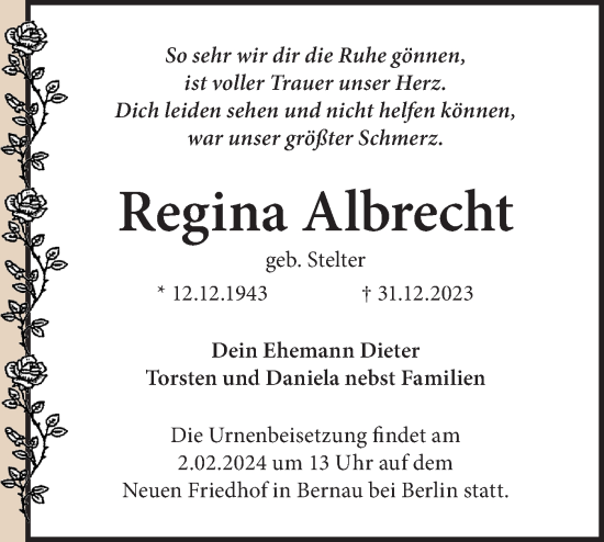 Traueranzeige von Regina Albrecht von Märkische Oderzeitung