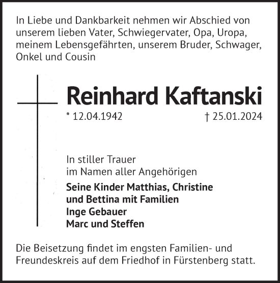 Traueranzeige von Reinhard Kaftanski von Märkische Oderzeitung