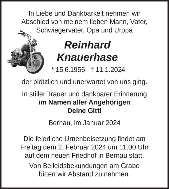 Traueranzeige von Reinhard Knauerhase von Märkische Oderzeitung