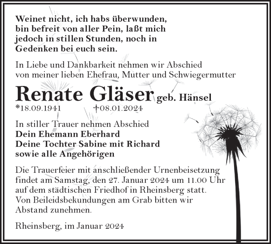 Traueranzeige von Renate Gläser von Märkische Oderzeitung