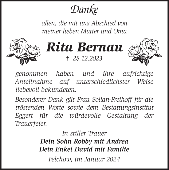 Traueranzeige von Rita Bernau von Märkische Oderzeitung