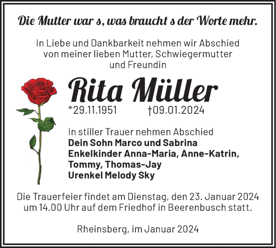 Traueranzeige von Rita Müller von Märkische Oderzeitung