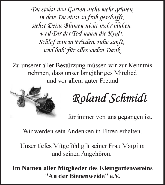 Traueranzeige von Roland Schmidt von Märkische Oderzeitung