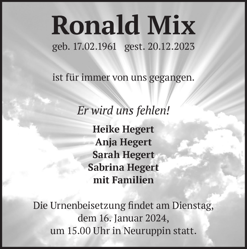  Traueranzeige für Ronald Mix vom 06.01.2024 aus Märkische Oderzeitung