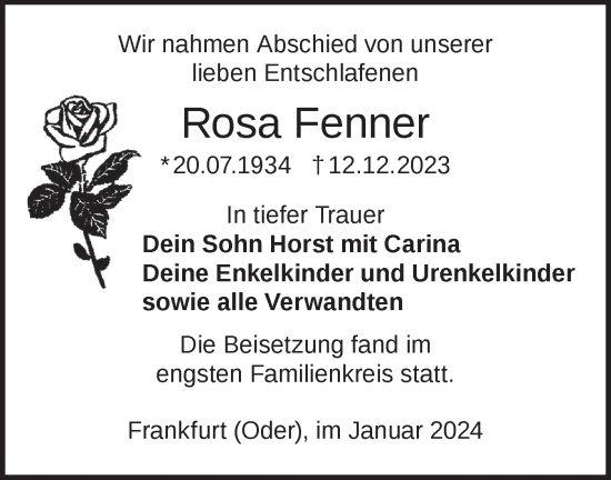 Traueranzeige von Rosa Fenner von Märkische Oderzeitung