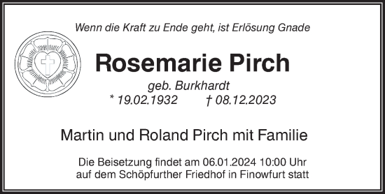 Traueranzeige von Rosemarie Pirch von Märkische Oderzeitung