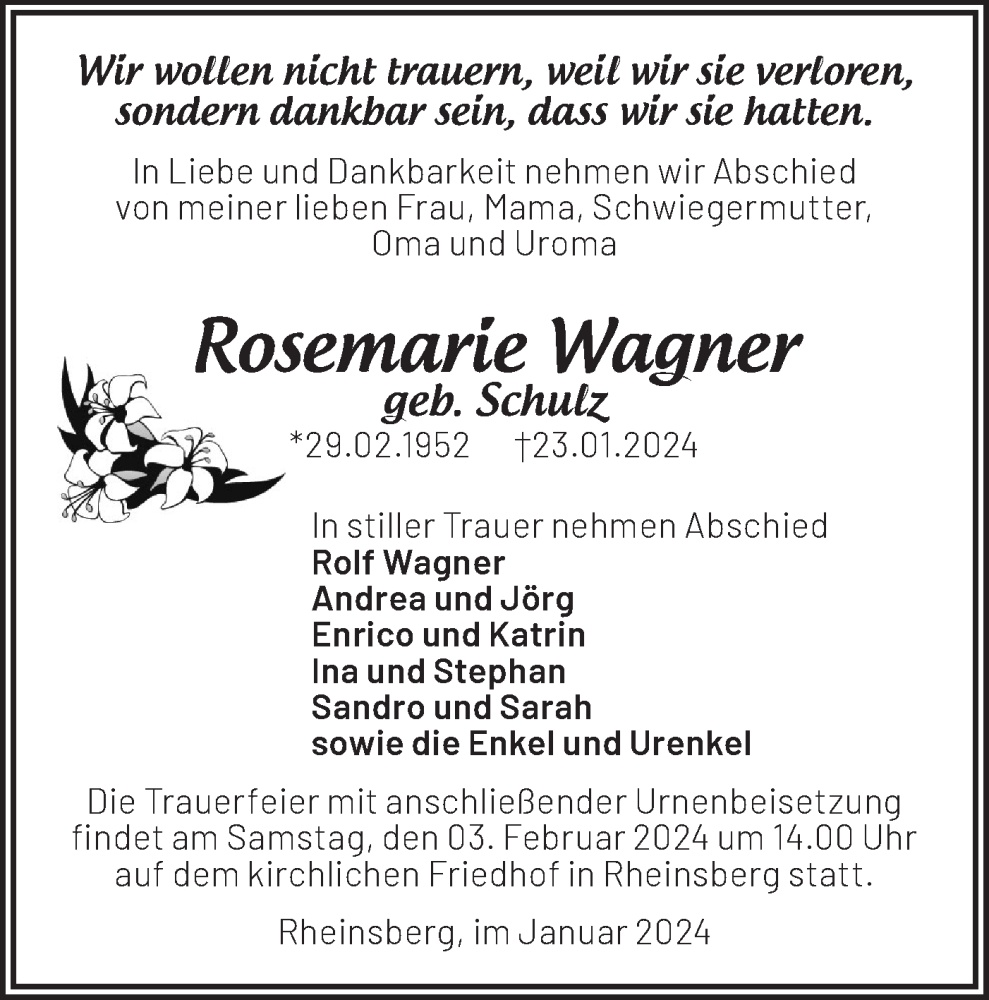  Traueranzeige für Rosemarie Wagner vom 27.01.2024 aus Märkische Oderzeitung