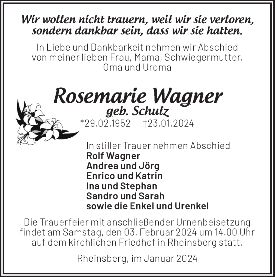 Traueranzeige von Rosemarie Wagner von Märkische Oderzeitung