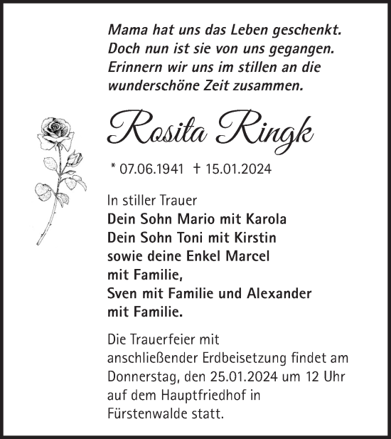 Traueranzeige von Rosita Ringk von Märkische Oderzeitung