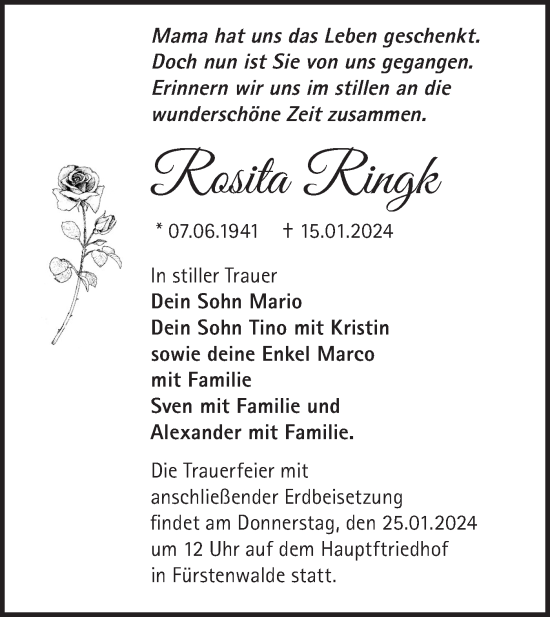 Traueranzeige von Rosita Ringk von Märkische Oderzeitung