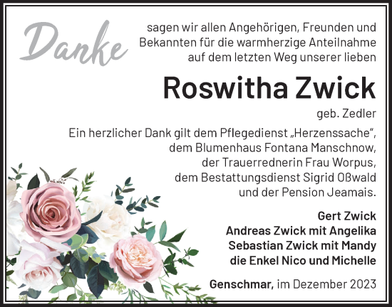 Traueranzeige von Roswitha Zwick von Märkische Oderzeitung