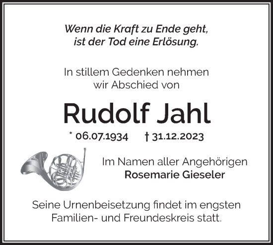 Traueranzeige von Rudolf Jahl von Märkische Oderzeitung