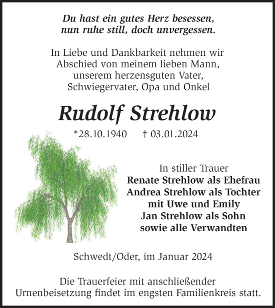 Traueranzeige von Rudolf Strehlow von Märkische Oderzeitung