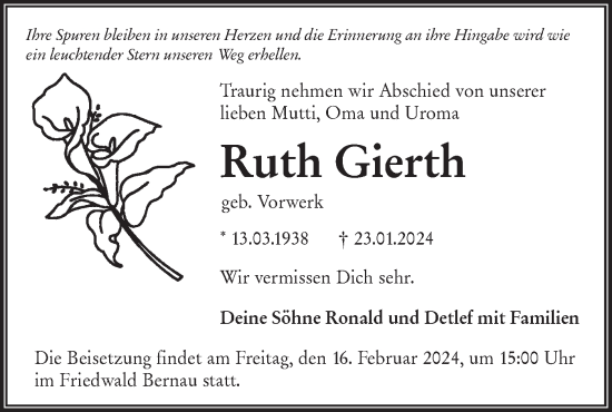 Traueranzeige von Ruth Gierth von Märkische Oderzeitung