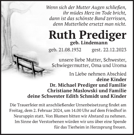 Traueranzeige von Ruth Prediger von Märkische Oderzeitung