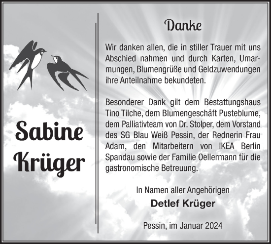 Traueranzeige von Sabine Krüger von Märkische Oderzeitung