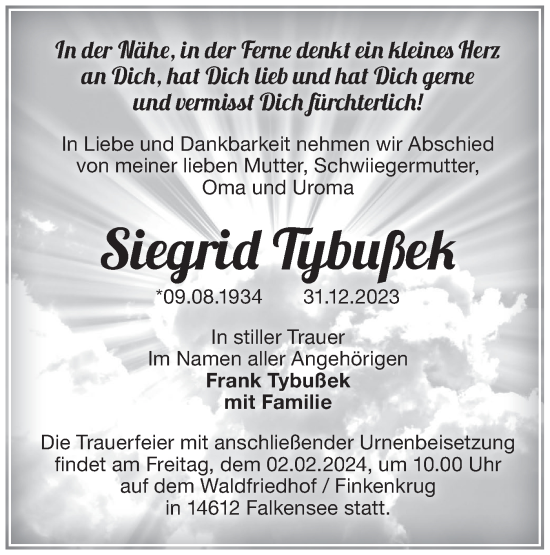 Traueranzeige von Siegrid Tybußek von Märkische Oderzeitung