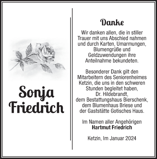 Traueranzeige von Sonja Friedrich von Märkische Oderzeitung