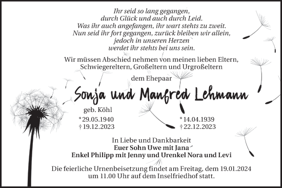 Traueranzeige von Sonja und Manfred  Lehmann von Märkische Oderzeitung