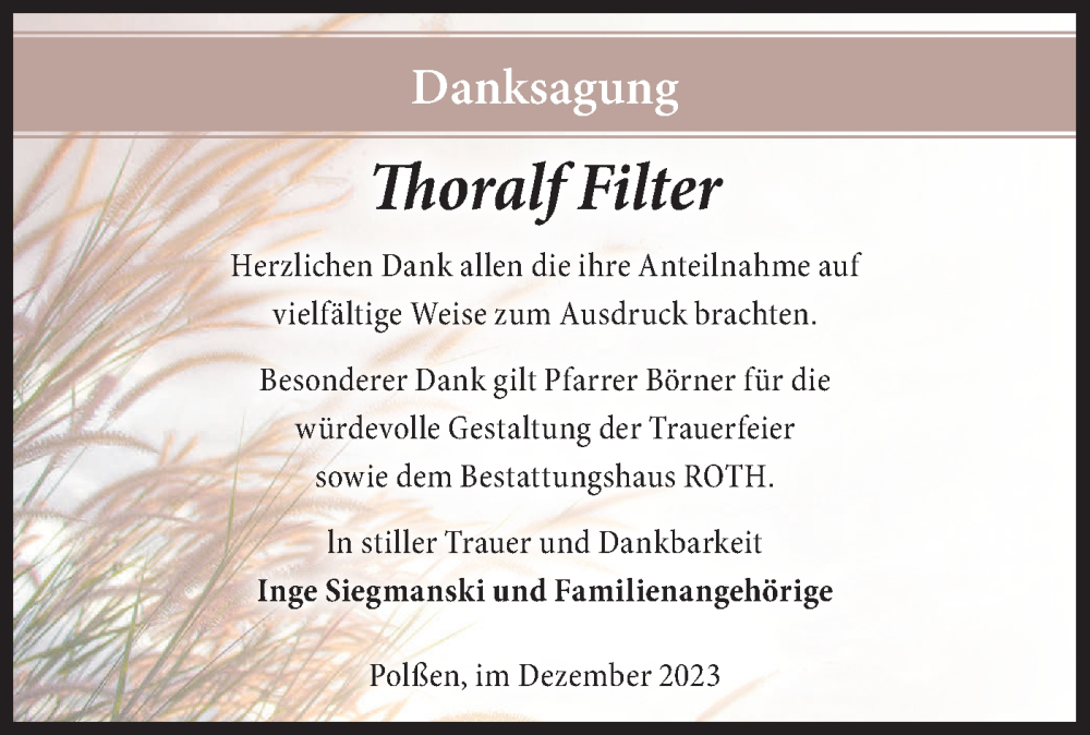  Traueranzeige für Thoralf Filter vom 06.01.2024 aus Märkische Oderzeitung