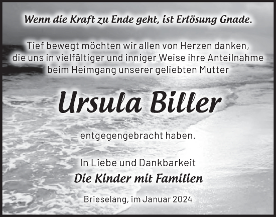 Traueranzeige von Ursula Biller von Märkische Oderzeitung