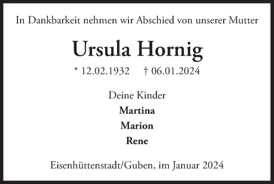 Traueranzeige von Ursula Hornig von Märkische Oderzeitung