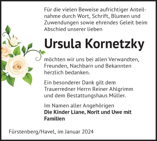 Traueranzeige von Ursula Kornetzky von Märkische Oderzeitung