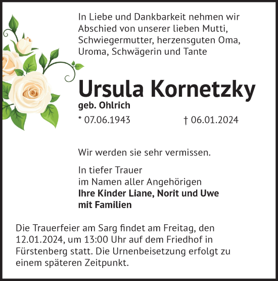 Traueranzeige von Ursula Kornetzky von Märkische Oderzeitung