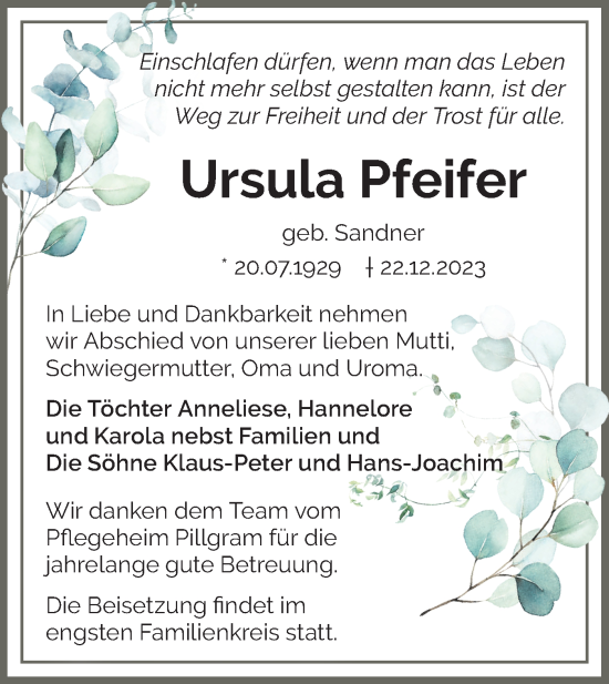 Traueranzeige von Ursula Pfeifer von Märkische Oderzeitung