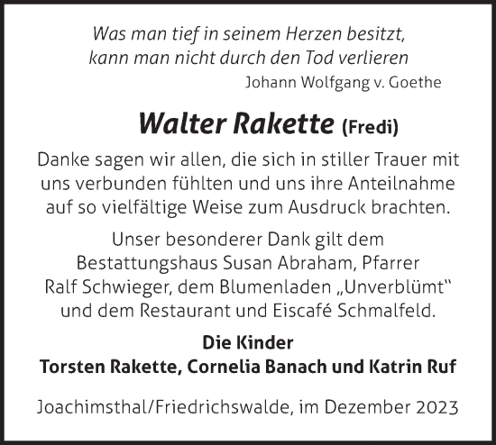 Traueranzeige von Walter Rakette von Märkische Oderzeitung