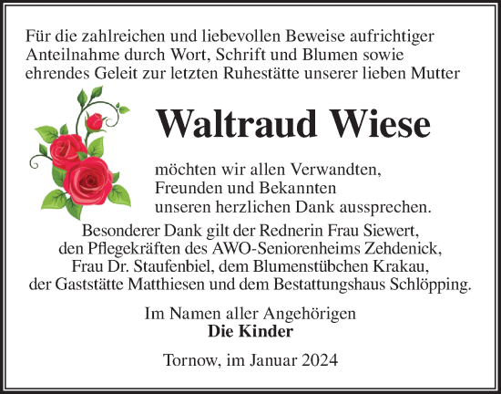 Traueranzeige von Waltraud Wiese von Märkische Oderzeitung