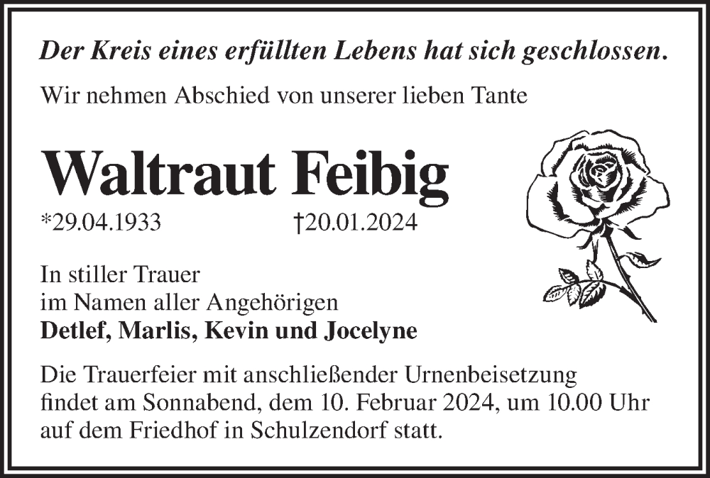  Traueranzeige für Waltraut Feibig vom 27.01.2024 aus Märkische Oderzeitung