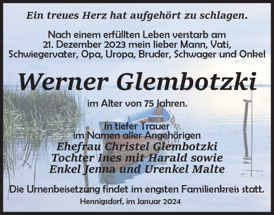 Traueranzeige von Werner Glembotzki von Märkische Oderzeitung