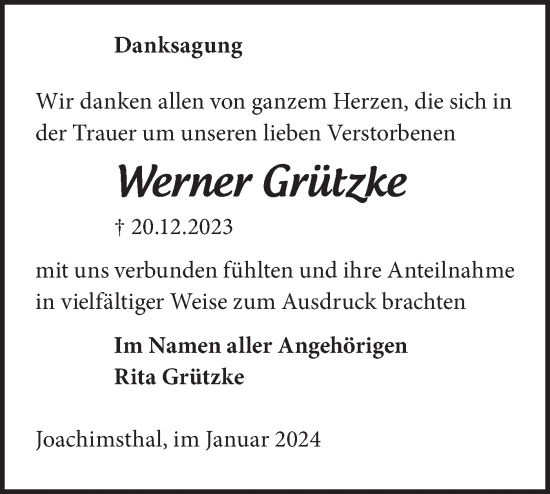 Traueranzeige von Werner Grützke von Märkische Oderzeitung