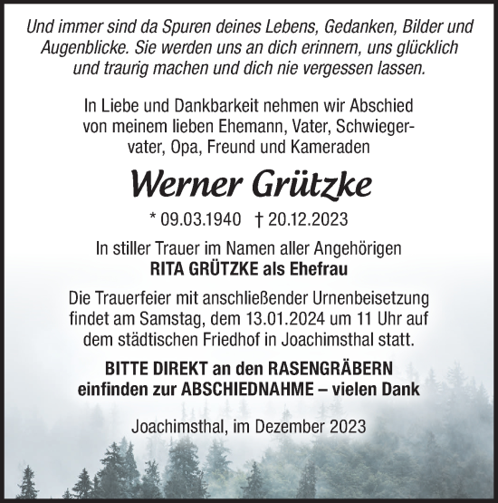 Traueranzeige von Werner Grützke von Märkische Oderzeitung