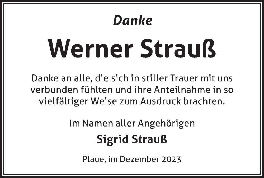  Traueranzeige für Werner Strauß vom 06.01.2024 aus Märkische Oderzeitung