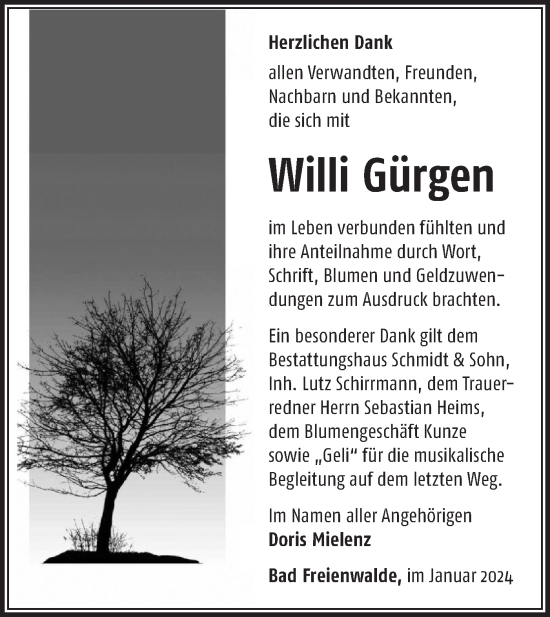 Traueranzeige von Willi Gürgen von Märkische Oderzeitung