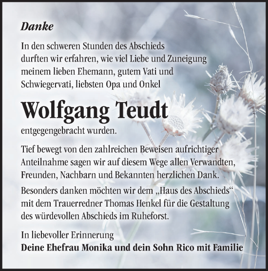 Traueranzeige von Wolfgang Teudt von Märkische Oderzeitung