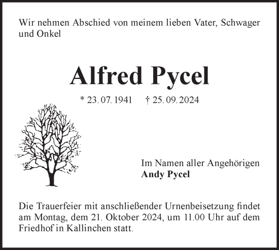 Traueranzeige von Alfred Pycel von Märkische Oderzeitung