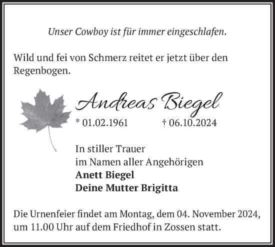 Traueranzeige von Andreas Biegel von Märkische Oderzeitung