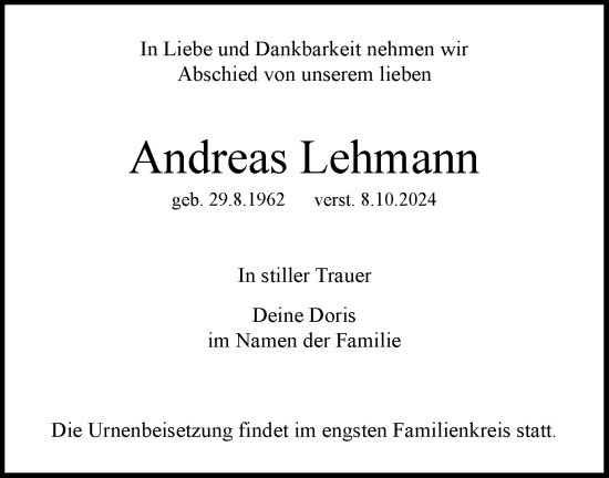 Traueranzeige von Andreas Lehmann von Märkische Oderzeitung