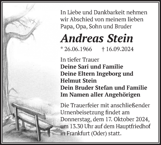 Traueranzeige von Andreas Stein von Märkische Oderzeitung