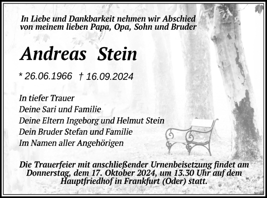 Traueranzeige von Andreas Stein von Märkische Oderzeitung