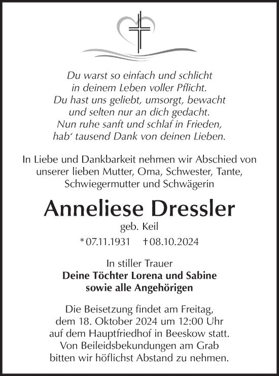 Traueranzeige von Anneliese Dressler von Märkische Oderzeitung